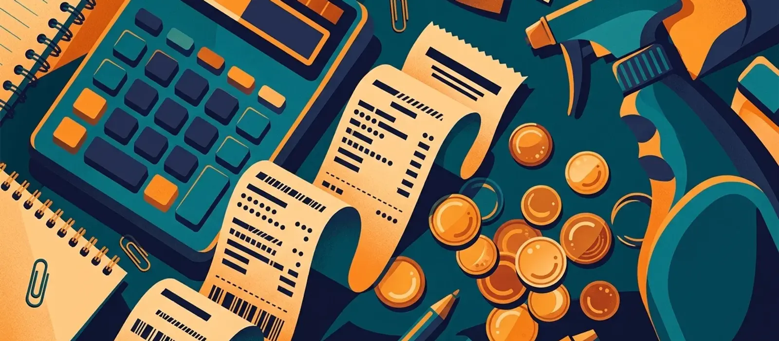 Illustration of a cleaning cost estimate with a calculator, spray bottle and checklist