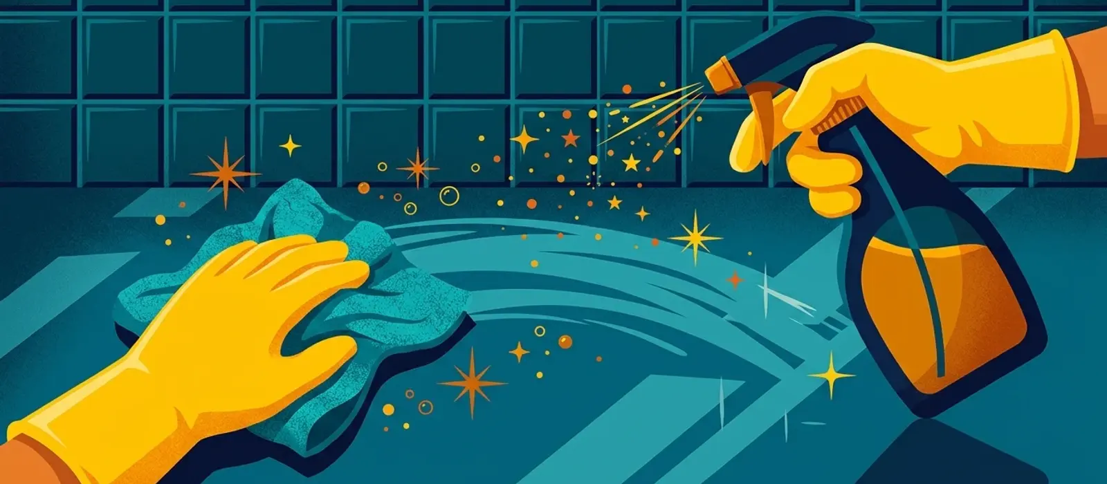 Illustration of gloved hands wiping a kitchen counter with a cloth and spray bottle